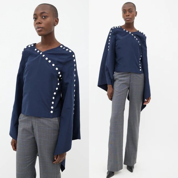 Rosie Assoulin Tunic Top Flared Sleeves V-neck Snap Buttons Detailing Sz M Green - Picture 3 of 12